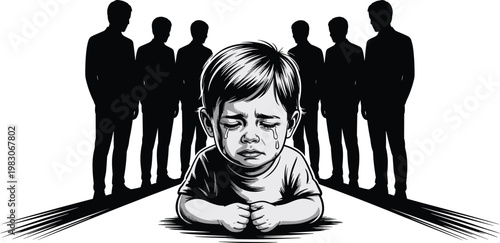 Silhouette illustration of crying child with adults in background, symbolizing isolation, sadness, emotional distress, family conflict, and social issues