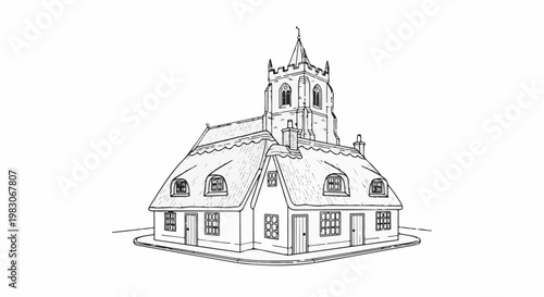 A sketch of a quaint building with a prominent spire and thatched roof