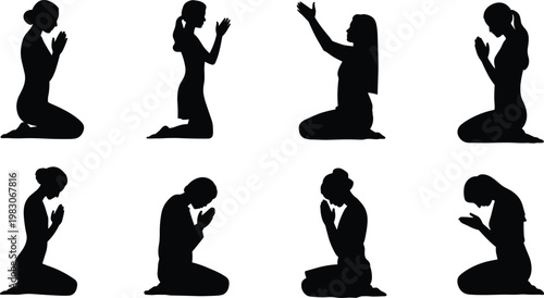 Silhouette illustration of eight kneeling figures in prayer meditation poses showing diverse spiritual devotion, reflection, worship, mindfulness, contemplation, peace