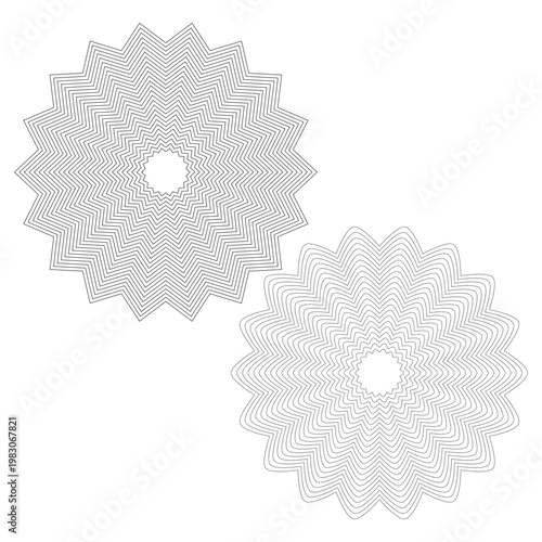 Star set Vector. Sharp line shape. Concentric flower form. Abstract outline element. Manual vector only. No autotrace used.