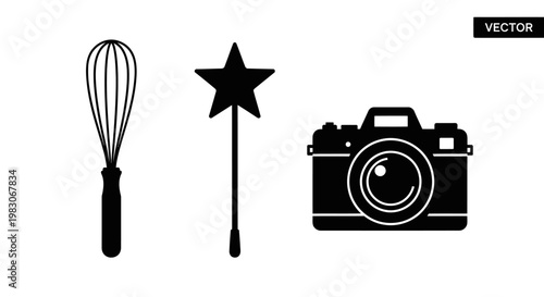 Set of black silhouette icons representing hobbies including a whisk, magic wand, and camera.