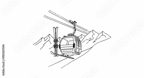 A sketch of a ski lift carrying skis over snowy mountains