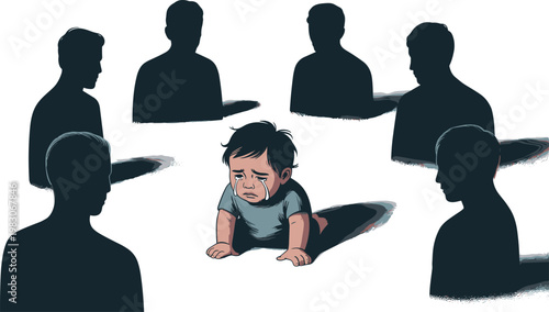 Silhouette illustration of crying child surrounded by adult figures, symbolizing loneliness, vulnerability, isolation, social focus, emotional family concept