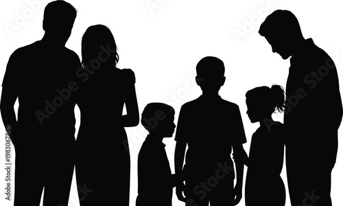 Silhouette illustration of diverse family group with three adults and three children standing together symbolizing unity, connection, love, support, togetherness