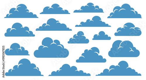 Collection of simple blue cloud vector icons on a white background.