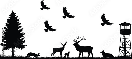 Forest wildlife silhouette, deer and stag illustration, fox vector art, birds flying design, watchtower icon, nature landscape graphic