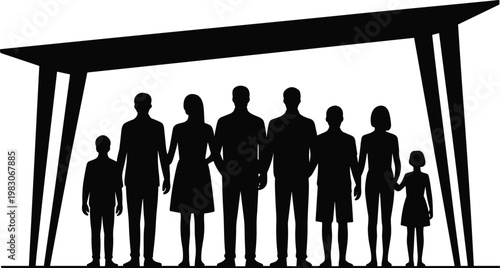 Silhouette illustration of family and community standing together under protective shelter structure, symbolizing unity, safety, care, support, belonging