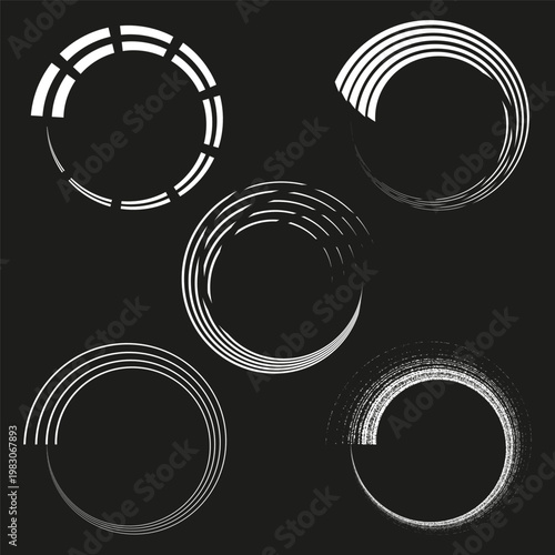 Circular loading set. Round Vector icons. Abstract stroke lines. White dark background. Manual vector only. No autotrace used.
