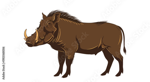 Brown African Warthog Illustration Standing in Profile on White Background