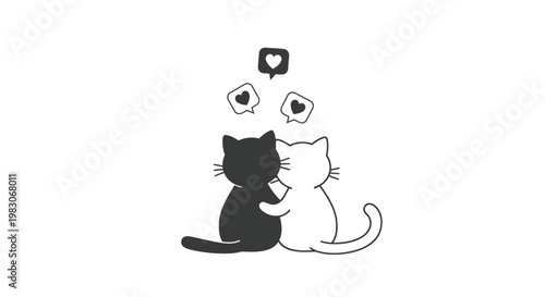 Two cats in love, showing affection with hearts above.