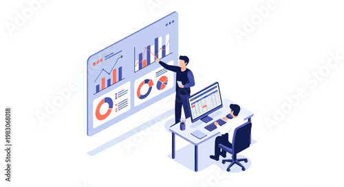 Team analyzing financial data on a large screen and computer.