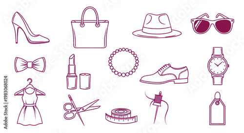 Collection of fashion accessory and tailoring icons in line art style