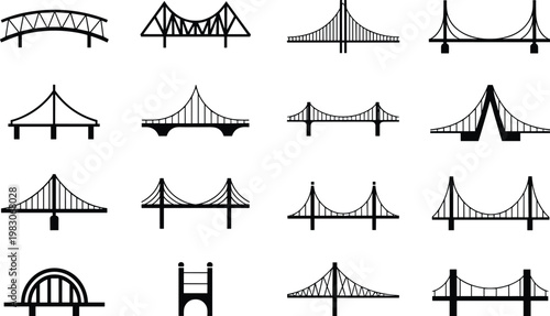 Bridge silhouettes collection, suspension bridge icons, truss bridge vector, cable-stayed bridge design, arch bridge illustration, beam bridge graphic set