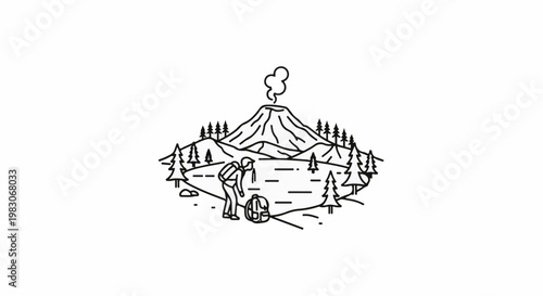 A solitary hiker rests by a lake with a smoking volcano in background