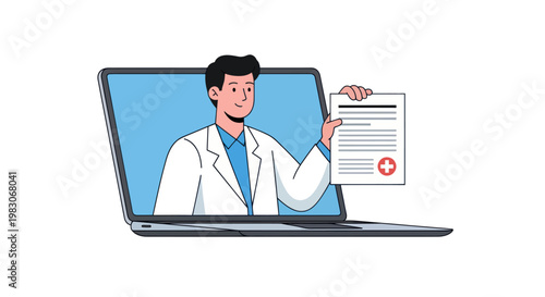 Doctor providing online medical consultation on a laptop screen with a report.