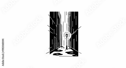 A solitary lamp illuminates a deserted, rain-slicked urban alleyway