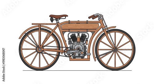 Illustration of a vintage wooden motorcycle with a classic motor engine on a white background