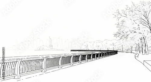 A sketched waterfront promenade leads to a distant city skyline with trees