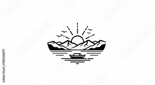 A solitary boat sails on calm waters beneath a radiant sun and majestic peaks