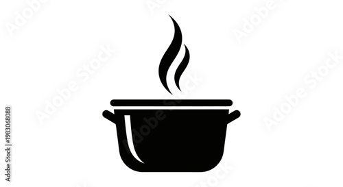 Black silhouette of a hot cooking pot with steam rising isolated on white.
