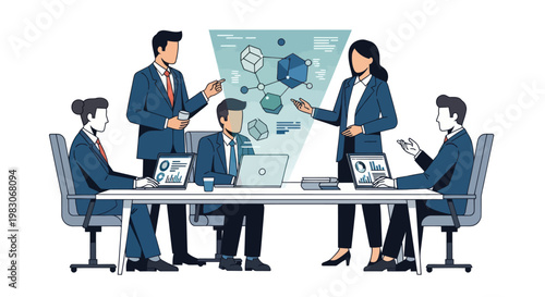 A group of business professionals collaborate and analyze data in an office meeting.