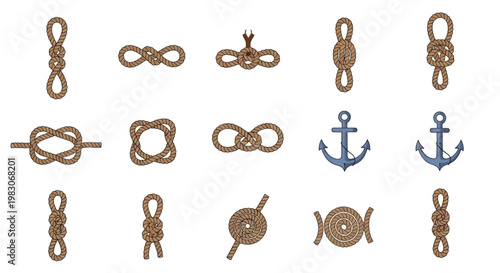 Nautical rope knots and ship anchor vector illustration set