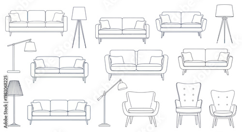 Modern living room furniture and lamps outline vector set