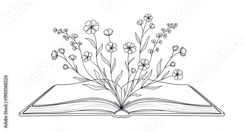 Flowers blooming from an open book representing knowledge and growth