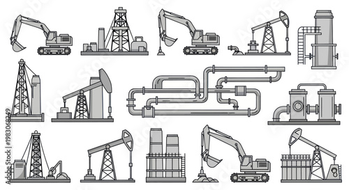 Oil and Gas Industry Icons: Energy Production Equipment and Industrial Machinery Set