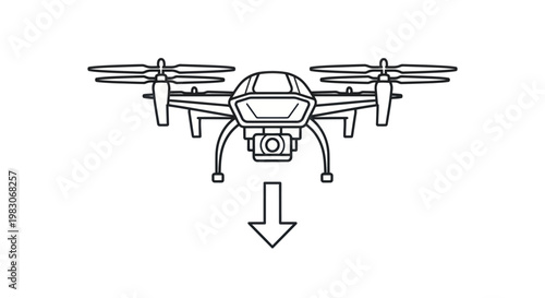 Drone with downward arrow icon representing landing or descending.