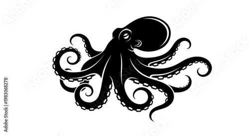 Black octopus silhouette with swirling tentacles on white background