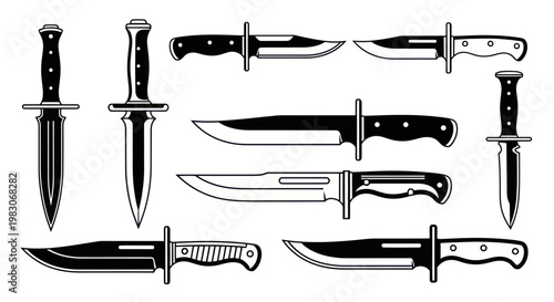 Collection of Sharp Tactical and Combat Knives Vector Illustration