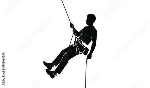 A dynamic illustration depicts a rock climber descending a rope fully equipped with gear presented as a striking silhouette high quality professional detailed modern