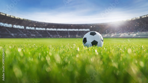 ball on the green field in soccer stadium. ready for game in the midfield - big panorama banner.