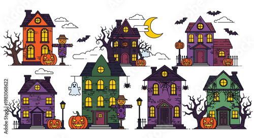 Spooky Halloween Houses with Scarecrows and Pumpkins, Pixel Art Style