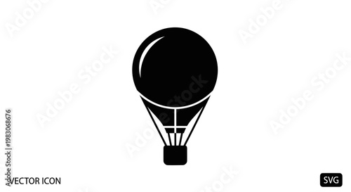 Black hot air balloon icon on white background, vector graphic, travel symbol