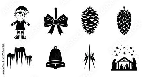 Christmas Icons Set: Elf, Bell, Pinecone, Nativity, Icicles, Bow
