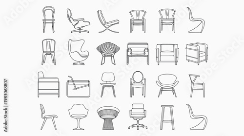 Minimalist line art vector illustration of diverse furniture collection in flat design style