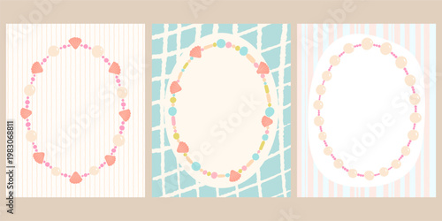 Summer cards set with bead necklace frames with seashells and pearls. Cute jewelry border templates on striped and grid pastel backgrounds. Trendy coastal designs for poster, invitation in flat style