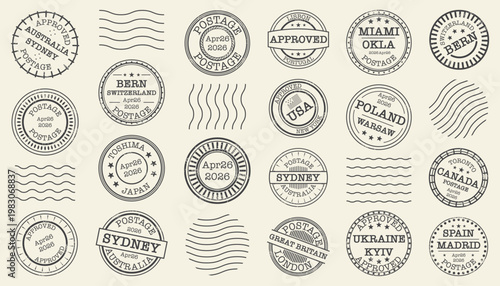 Postage stamp collection with vintage postal marks and travel city labels. Includes round stamps, approval seals, and wave cancellation lines