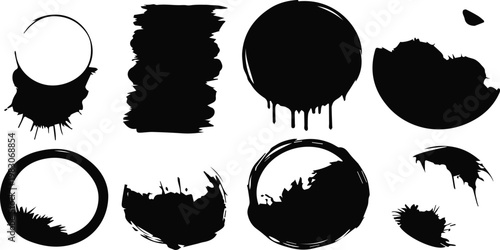 A professional set of grunge black ink splashes and blots featuring vector paint strokes and splatter elements for an artistic brush texture frame or border design illustration