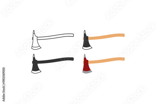 Set of four ax icons with wood handles in different colors and styles.