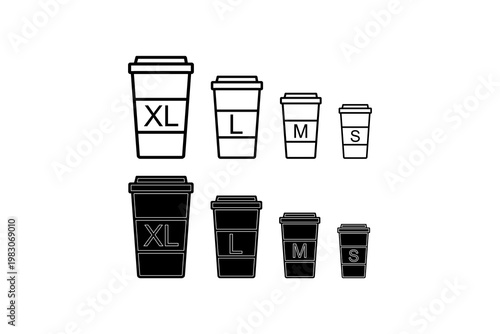 Illustration of coffee cup sizes: xl, l, m, s in line and solid styles.