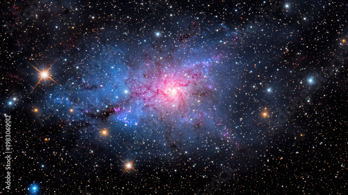 Bright starry galaxy with deep blue and pink hues, showcasing stunning cosmic scene filled with twinkling stars and vibrant colors