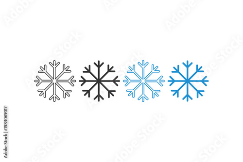 Set of snowflake icons in black and blue variations on white background.