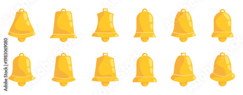 Bell icon collection with golden notification shapes and glossy style. Includes various alert symbols and ringing forms