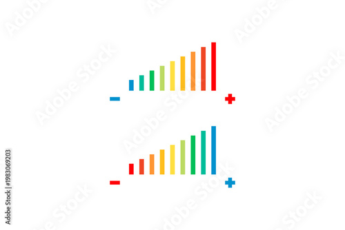 Colorful gradients in bar chart diagrams with positive and negative symbols.