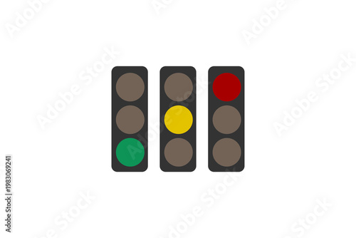 Traffic light sequence with red, yellow, and green signal on white background.