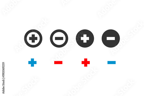 Set of positive and negative symbols in black, red, and blue on white background.