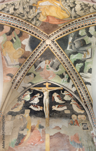 NOVARA, ITALY - JANUARY 16, 2026: The ceiling fresco of symbols of four Evang...